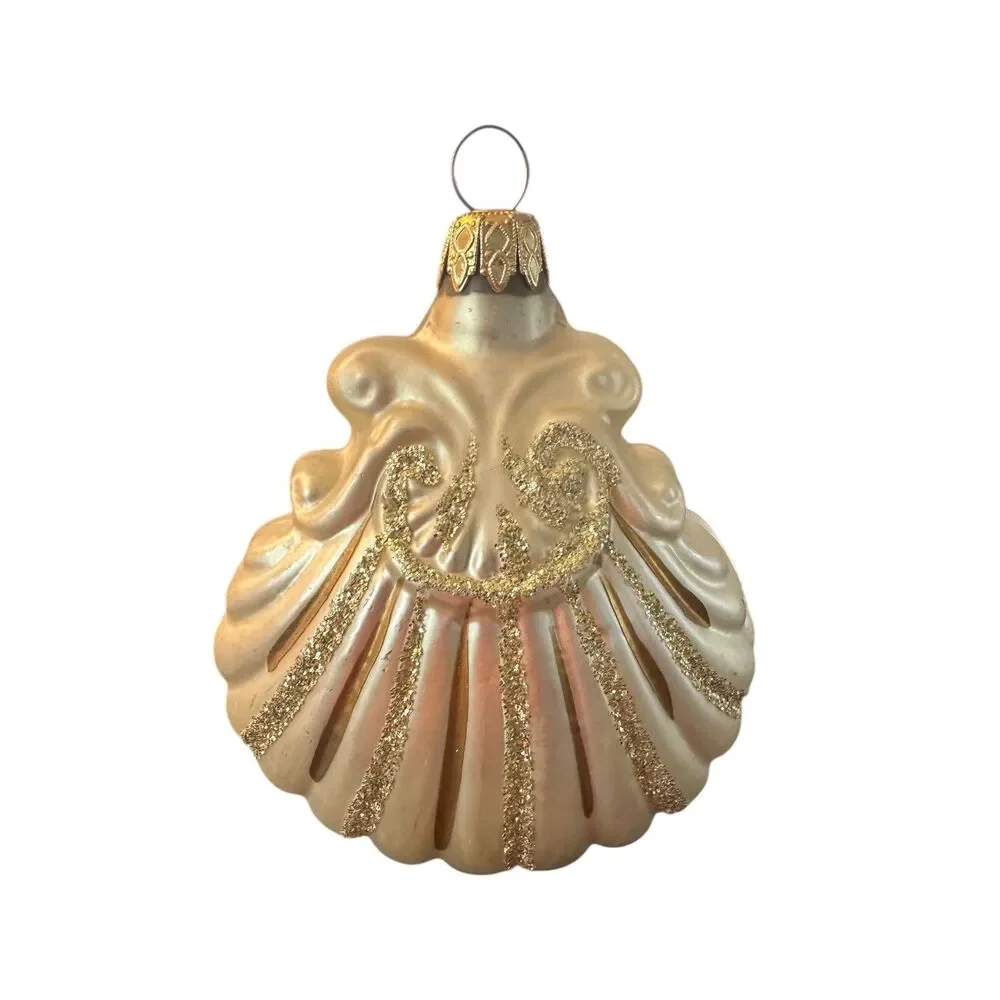 Vintage West German Blown Glass Clam Shell Seashell White Gold Ornament